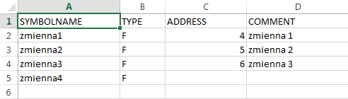 Wyeksportowane zmienne w arkuszu kalkulacyjnym MS Excel
