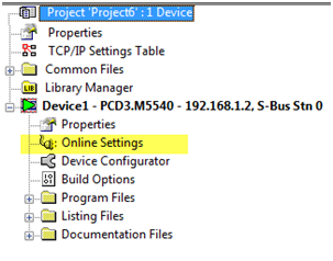 Ikona Online Settings w drzewie projektu PG5
