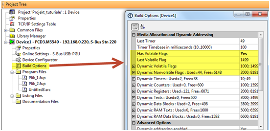 Ustawienia ulotnych i nieulotnych flag w karcie Build Options