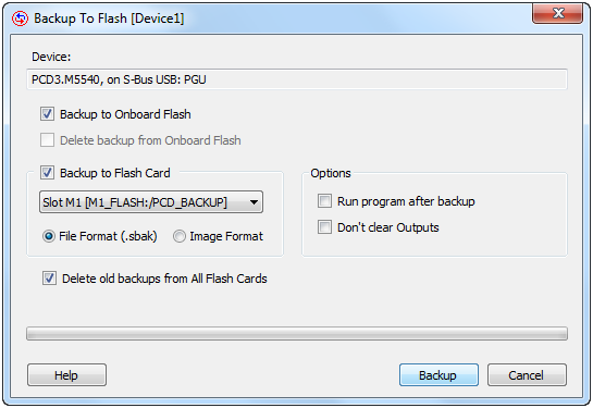 Okno "Backup to Flash"