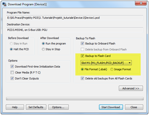 Opcja Backup to Flash z poziomu okna Download Program