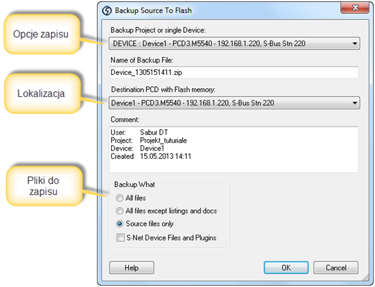 Okno "Backup Source To Flash"