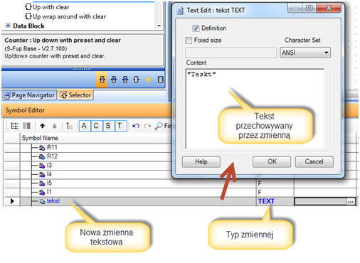 Definiowanie zmiennej tekstowej w oknie Symbol Editor