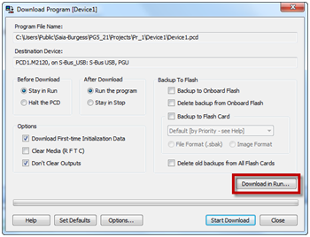 Przycisk Download in Run w oknie Download Program