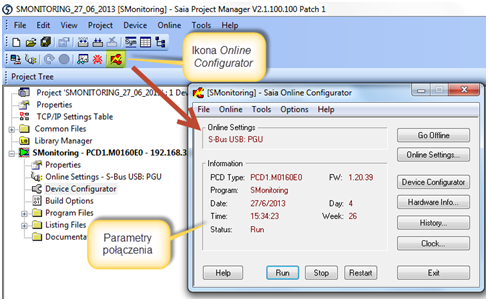 Okno Online Configurator menadżera projektu PG5 – prawidłowo nawiązane połączenie